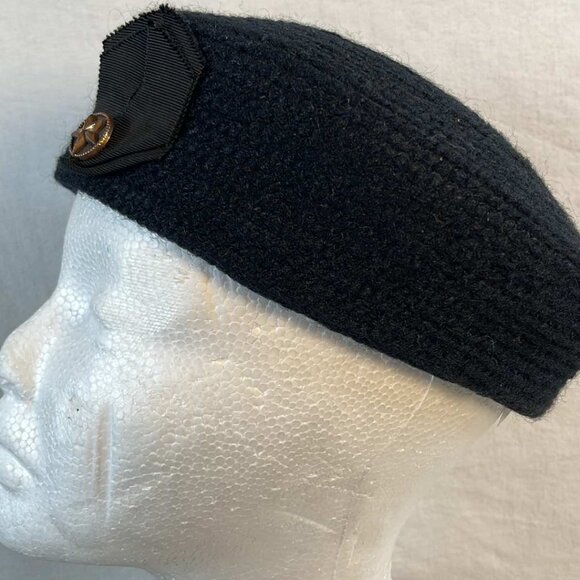 Vintage Pillbox Hat Navy Blue Grosgrain Military Vibe Button with Ribbon Everitt - Picture 8 of 8